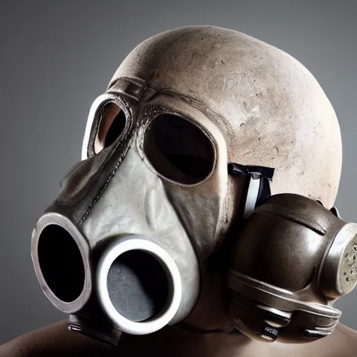 Image similar to a hyper realistic photoshoot of a gas mask in the shape of a human skull in white studio lit backround