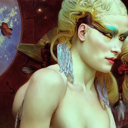 Image similar to closeup painting of uncannily beautiful androgynous albino wearing rococo byzantine clothes and face paint, science fiction by j. c. leyendecker, bosch, alphonse mucha, greg rutkowski, and beksinski