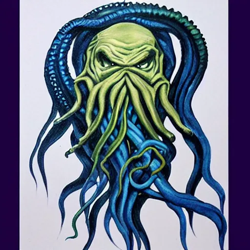 Prompt: cthulhu with indigo hair, realistic painting