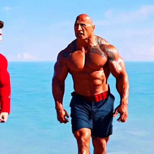 Prompt: Dwayne Johnson and Tom Holland in Baywatch. Movie still frame. 4k UHD.