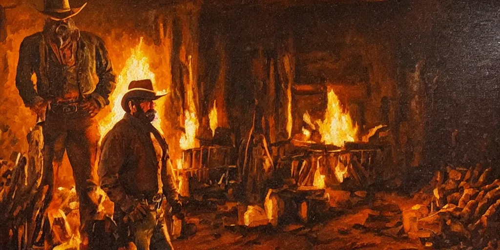 Image similar to in an old west cabin, close up shot a rugged, Dave Bautista cowboy standing ((alone)) at his fireplace, in the style of Fredrick Remington, oil painting