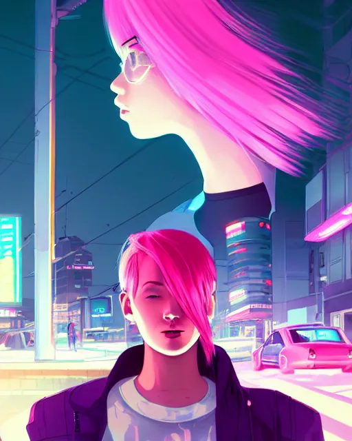 Image similar to digital illustration of cyberpunk pretty girl with pink hair, standing by a blue ford gt in a street at night, under streetlights, by makoto shinkai, ilya kuvshinov, lois van baarle, rossdraws, basquiat