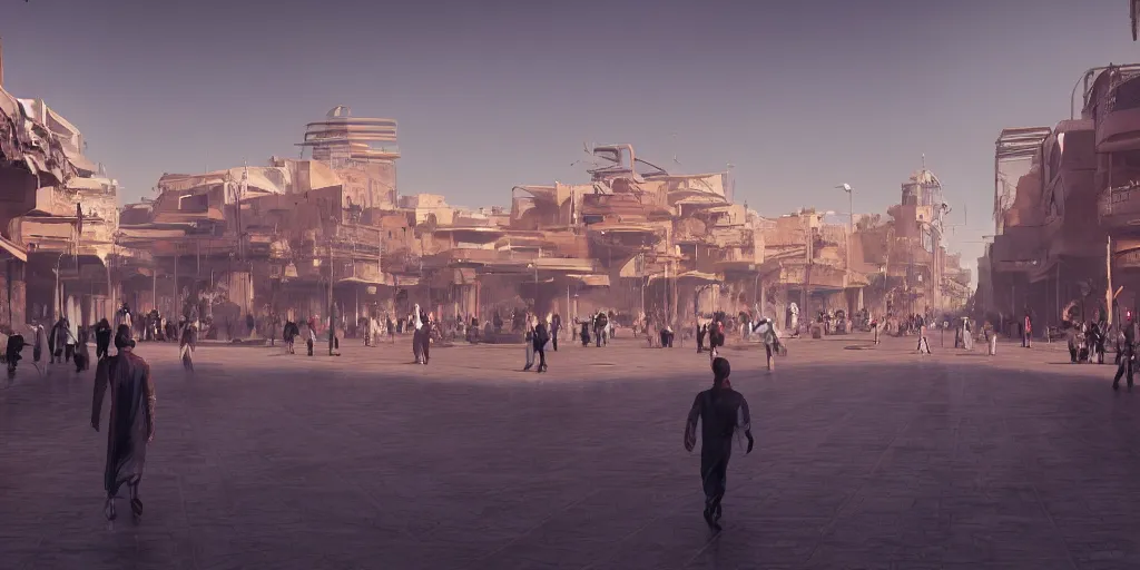 Image similar to Futuristic Marrakech city in Morocco, beautiful dynamic lighting, cinematic, wide angle establishing shot, extremely high detail, photo realistic, cinematic lighting, post processed, concept art, artstation, matte painting, style by eddie mendoza, raphael lacoste, alex ross, volumetric lighting, light rays, photorealistic, ultrarealistic, moody, coronarender, 8k