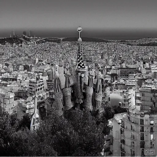 Image similar to “Barcelona panoràmic view with a gigantic extraterrestrial ship landed on the top of Gaudi’s “sagrada familia” Temple in Barcelona, photorealist, by grec rutkowski and gustave dore”