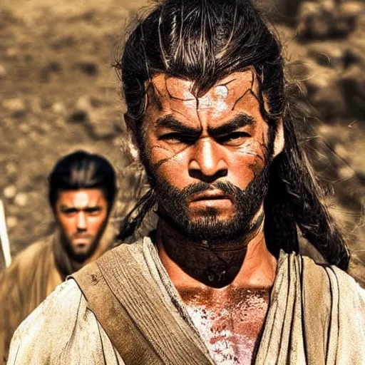 Image similar to handsome and strong! kurdish! samurai in a movie directed by christopher nolan, movie still frame, promotional image, imax 7 0 mm footage, perfect symmetrical facial features