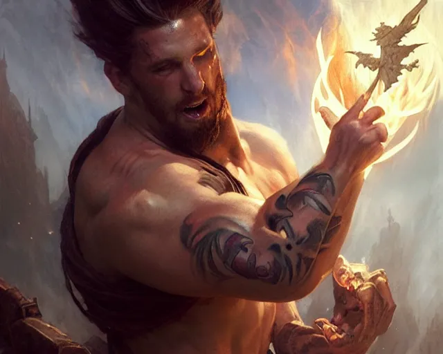 Image similar to handsome tattooed gym bro cleric fire - breath magic spell vfx, diagonal spell vfx, fantasy game spell, fantasy epic painting by greg rutkowski, gaston bussiere, craig mullins, j. c. leyendecker, tom of finland