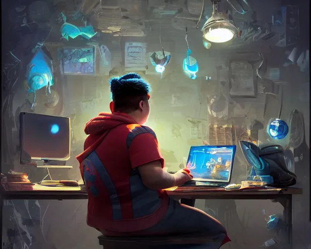 Image similar to an insanely detailed painting of a slightly chubby, nerdy asian man wearing a superhero costume, sitting at a desk, staring at the nervously at the computer and typing, in the style of peter mohrbacher, dramatic lighting and composition, octane render, pixar, trending on artstation, concept art, comic book, view from behind