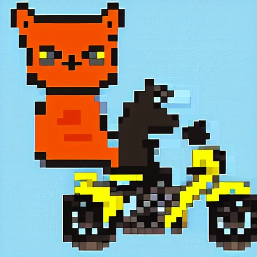 Prompt: pixel art of a cat riding a motorbike, digital art