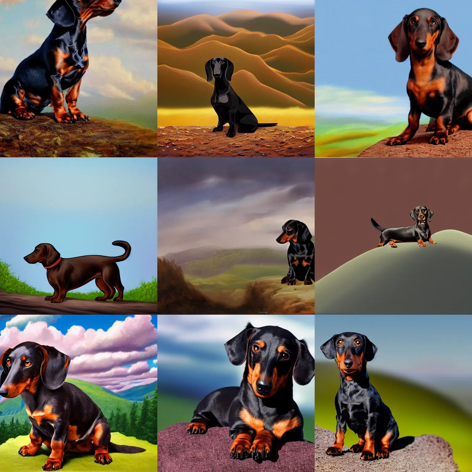 Prompt: black and brown dachshund sitting on top of a hill, matte painting, cartoon