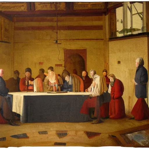 Image similar to A beautiful painting of a group of people standing around a circular table. In the center of the table is a large, open book. The people in the painting are looking at the book with interest and appear to be discussing its contents. oil and canvas, cyberpunk, avant garde by Jean Fouquet 8k