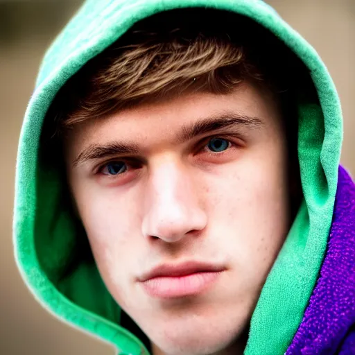 Image similar to close up of face of a 1 8 year old man, with white hair, green eyes, wearing a purple hoodie, lazy, 8 5 mm f / 1. 4