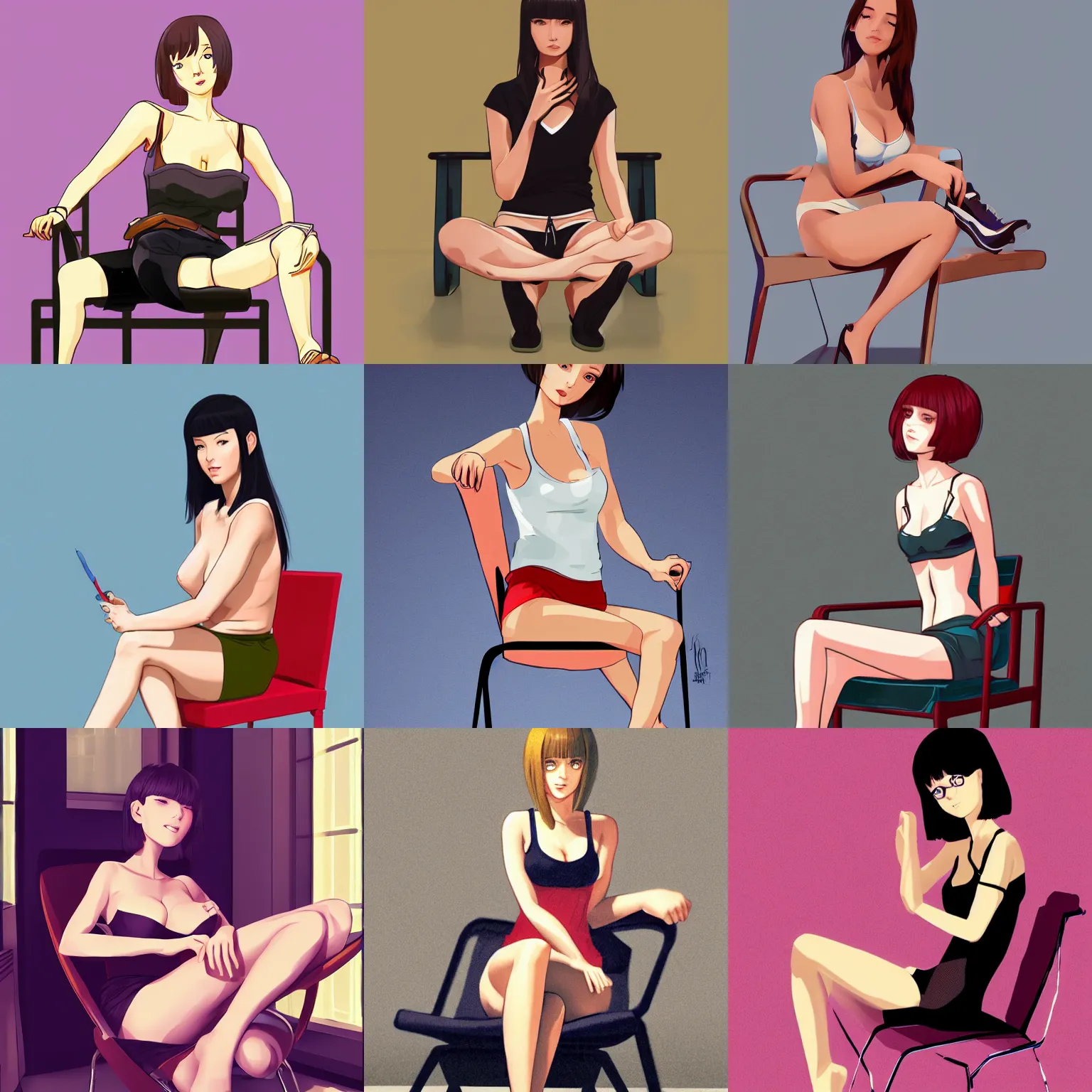 Prompt: sexy woman in shorts, sitting cross - legged on a chair, in the style of ilya kuvshinov