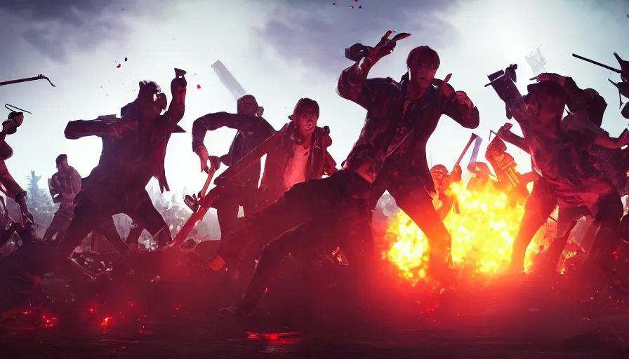 Image similar to full - body action shot of bts as heroes fight a horde of zombies, in the style of k - pop, epic, cinematic, volumetric lighting, symmetry, octane render, artstation, highly - detailed, unreal 5, realism,