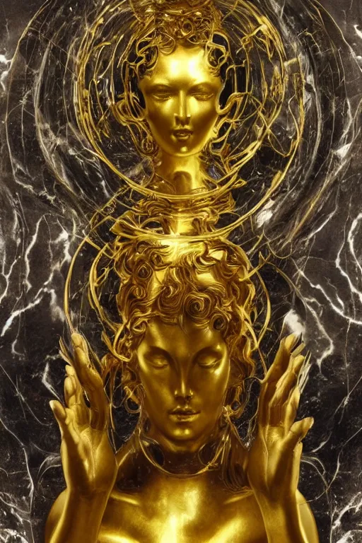 Prompt: marble sculpture depicting a woman programming the samsara holy cluster, hi tech, sci fi, dramatic light, concept art, stunning, visionary, mystical, hyper realistic, beautiful, wow, gilt metal, rich marbles, by gian lorenzo bernini, by brecht evens, by jean delville