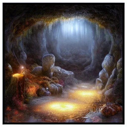 Image similar to (((glowing))) treasure chest in ethereal lush cave with mystical ambiance and fog, desaturated, realistic, sharp focus, highly detailed, by artgerm