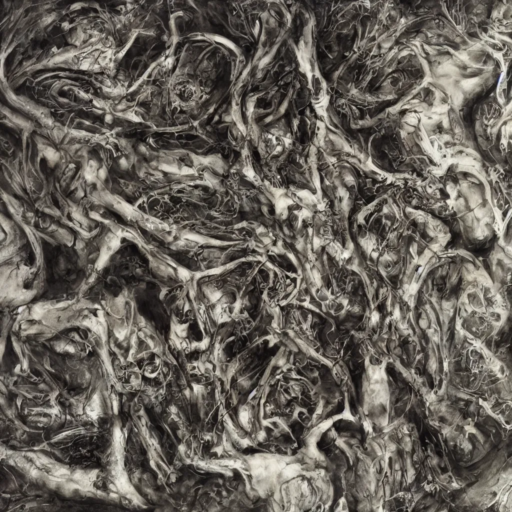 Image similar to realistic shot bloody bones, organs and flesh, biomechanical technology, natural light, by h r giger