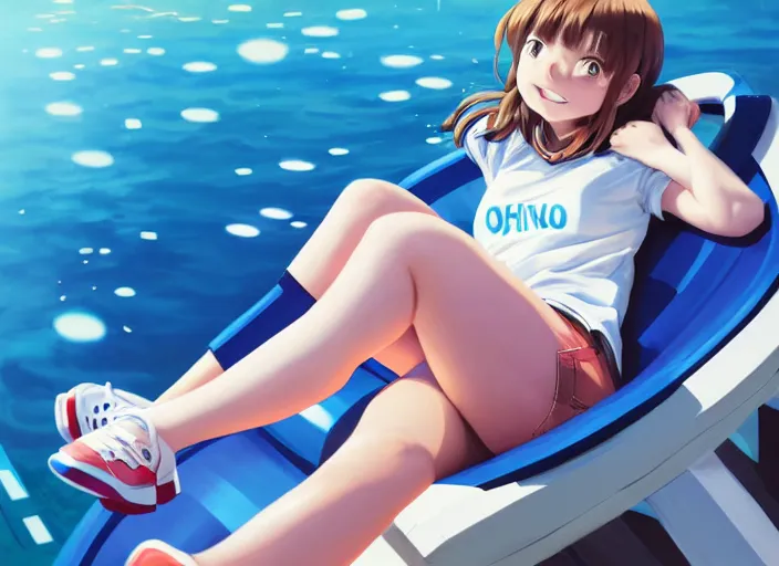 Image similar to closeup portrait of ochaco uraraka from my hero academia relaxing in jeans and a t - shirt on a floating pool chair, sunny, bright, reflections, intricate, sharp focus, lens flare, bloom, illustration, highly detailed, digital painting, concept art, matte, art by ruan jia and wlop and greg rutkowski, masterpiece