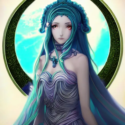 Image similar to portrait of medousiana the earth goddess of snakes, anime fantasy illustration by tomoyuki yamasaki, kyoto studio, madhouse, ufotable, square enix, cinematic lighting, trending on artstation