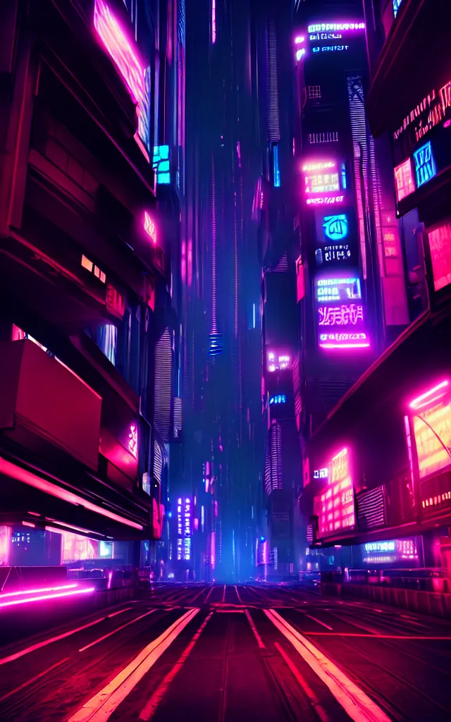 Prompt: a magnificent dark neon futuristic cyberpunk city bustling street at night rendered in octane, 3 d render, trending on cgsociety, blender 3 d
