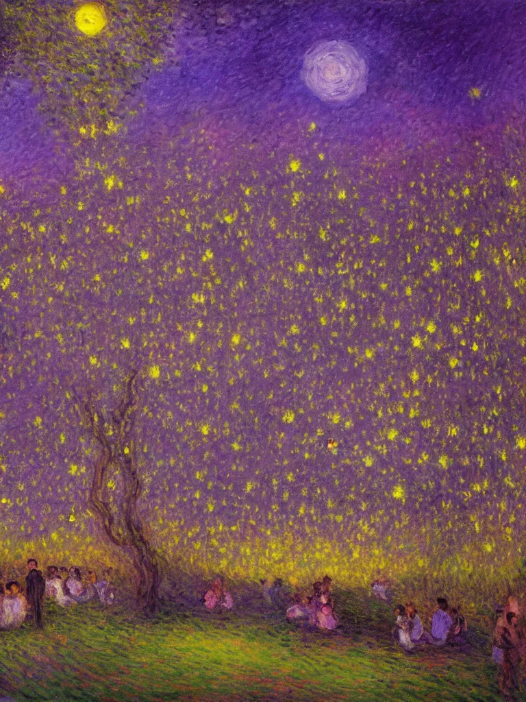 Prompt: gauzy twilight impressionist painting of fireflies in my backyard with an old apple tree in a purple cast with people! dancing in the moonlight, moon in right of sky, very city, intense purplish color oil painting by claude monet and piet mondrian, cosmic trending on artstation 8 k