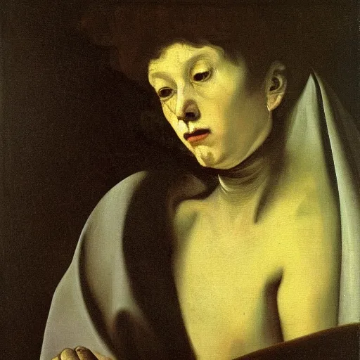 Prompt: oil painting of a ghost by caravaggio and rembrandt van rijn