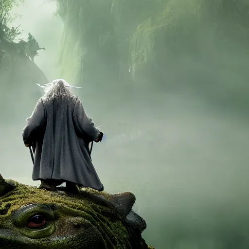 Image similar to gandalf and the hobbits as frogs, cinematic shot, 8 k, film still