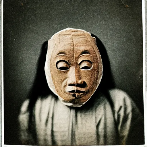 Image similar to a potrait of samura taken in 1 6 3 0, in a circle, kodak 4 0 0, nft style, facing sideways, wearing an oni mask, grain, scretch, high quality, 8 k, photorealistic, real, old photo style