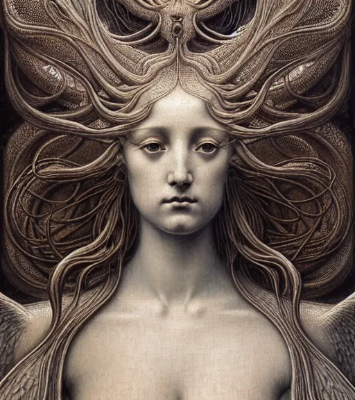 Image similar to detailed realistic beautiful angel goddess face portrait by jean delville, gustave dore, iris van herpen and marco mazzoni, art forms of nature by ernst haeckel, art nouveau, symbolist, visionary, gothic, neo - gothic, pre - raphaelite, fractal lace, intricate alien botanicals, ai biodiversity, surreality, hyperdetailed ultrasharp octane render