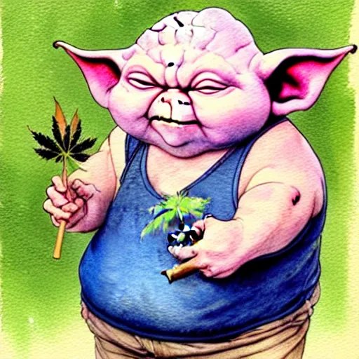 Image similar to a realistic and atmospheric watercolour fantasy character concept art portrait of a fat chibi yoda wearing a wife beater and jeans with pink eyes smiling and holding a blunt with a pot leaf nearby, by rebecca guay, michael kaluta, charles vess and jean moebius giraud