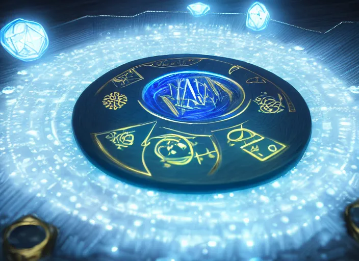 Prompt: magic golden computer chip with runes and a glowing blue crystal in the center, mana flowing around it, product photo, trending on artstation, unreal engine 5, 4 k, 8 k