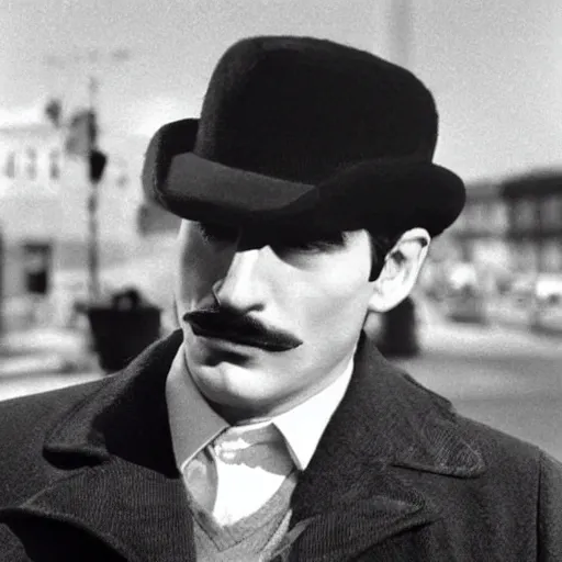 Image similar to realistic photograph of Mario in a hat with an M smoking in a french new wave Godard film aesthetic