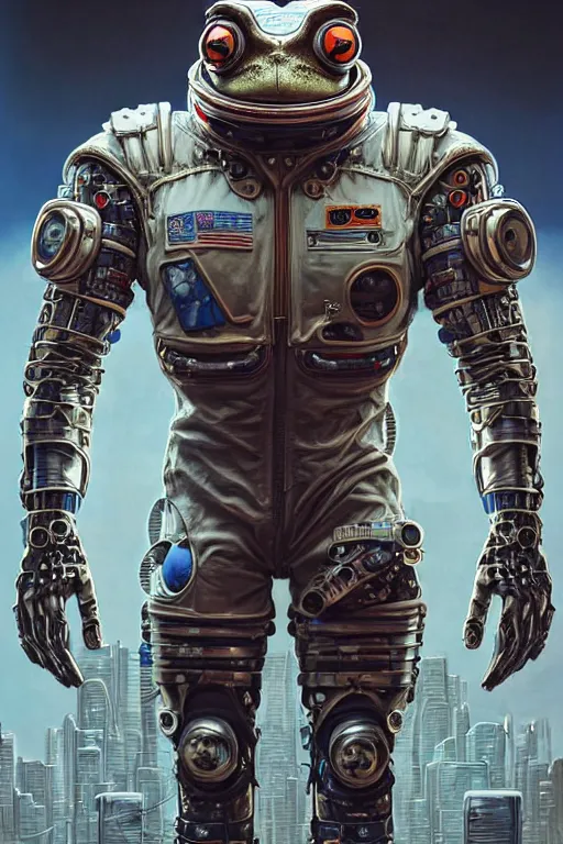 Image similar to a portrait of a muscular anthropomorphic cyberpunk frog in spacesuit armor with ensignia on chest plate by sandra chevrier, by jon foster, detailed render, post - processing, extremely hyperdetailed, intricate, epic composition, cybernetics, 4 k realistic, cryengine, realistic shaded lighting, sharp focus, masterpiece, by enki bilal