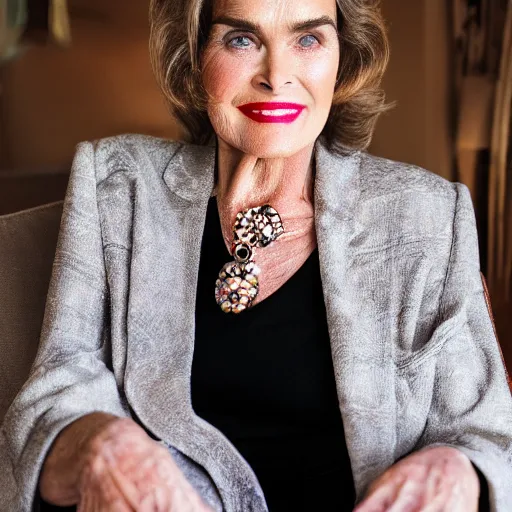 Image similar to old brooke shields actress at age 9 0 years old, color ( sony a 7 r iv, symmetric balance, polarizing filter, photolab, lightroom, 4 k, dolby vision, photography award ), vogue, perfect face