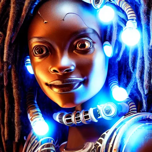 Prompt: beautiful futuristic himba woman smirking, glowing white mechanical eye, robotic prosthetic arm, blue glass dreadlocks, hyperrealistic, sci - fi, dramatic lighting, intricate, soft focus - n 9