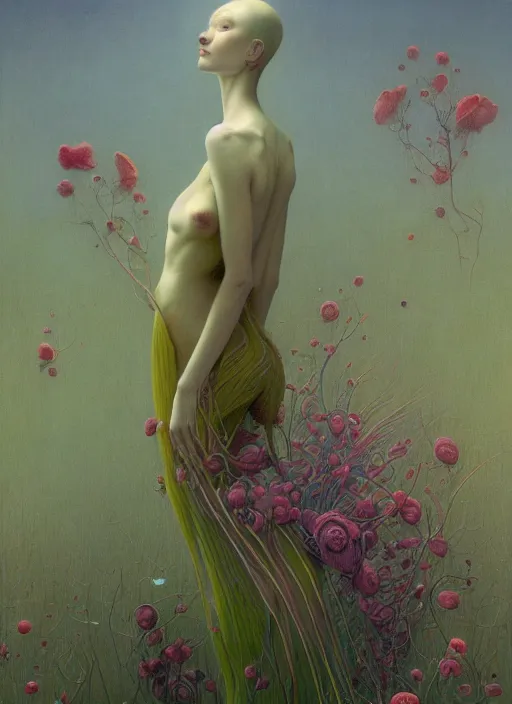 Prompt: a beautiful amazing oil painting of flora addict by zdzisław beksinski, jean delville, edmund dulac, jean giraud, ellen jewett, trending on artstation, ray tracing, featured on behance, vision of chaos, octane render