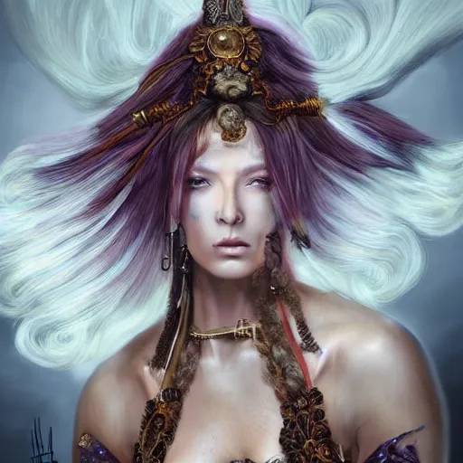 Image similar to portrait, headshot, insanely nice professional hair style, dramatic hair color, digital painting, of a old 17th century, Greek Goddess, old cyborg merchant, amber jewels, baroque, ornate clothing, scifi, realistic, hyperdetailed, chiaroscuro, concept art, art by Franz Hals and Jon Foster and Ayami Kojima and Amano and Karol Bak,