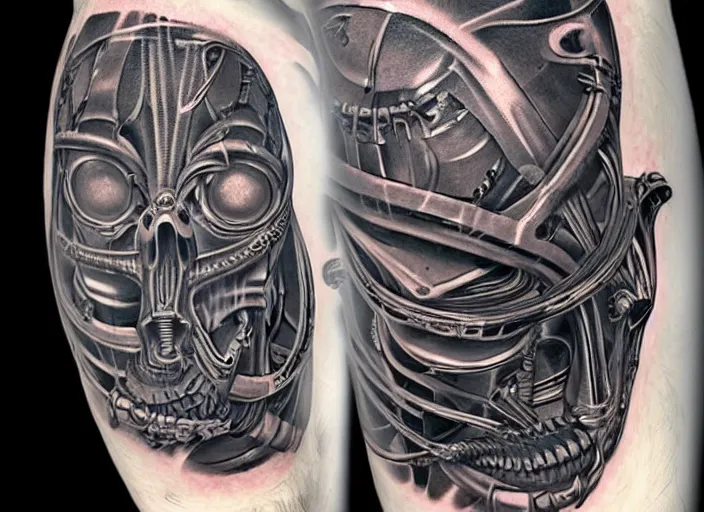 Prompt: biomechanical tattoo, in the style of h. r. giger