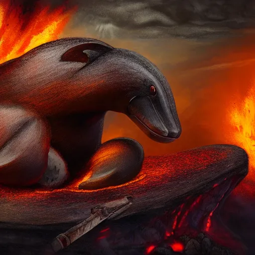 Prompt: giant platypus coming out of a volcano, cinematic, high detail, painting,, coherent, high definition, 4 k, artstation
