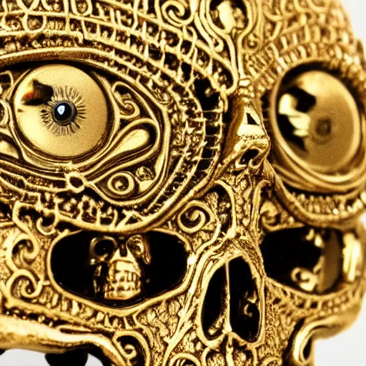 Prompt: 4 4 tiny detailed human eyes embedded in an engraved 1 8 k gold skull plate macro photo deviant realistic