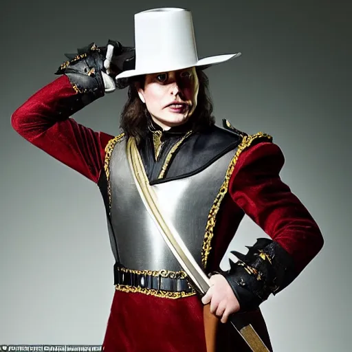 Image similar to full body photo of elon musk as a musketeer, he has a big black hat and holds a shiny sword