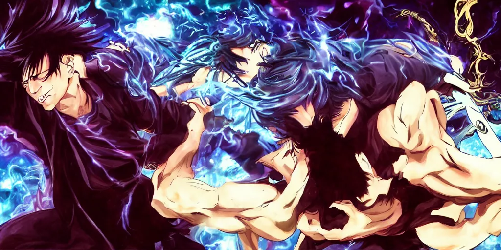 Image similar to meo fighting morpheus, anime style,