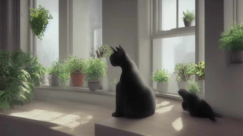 Image similar to beautiful peaceful dreamy painting of a content black cat sitting by a window and looking outside, sunshine coming through the window, small plants on the window sill, 8k, hyper realism, trending on artstation, octane render