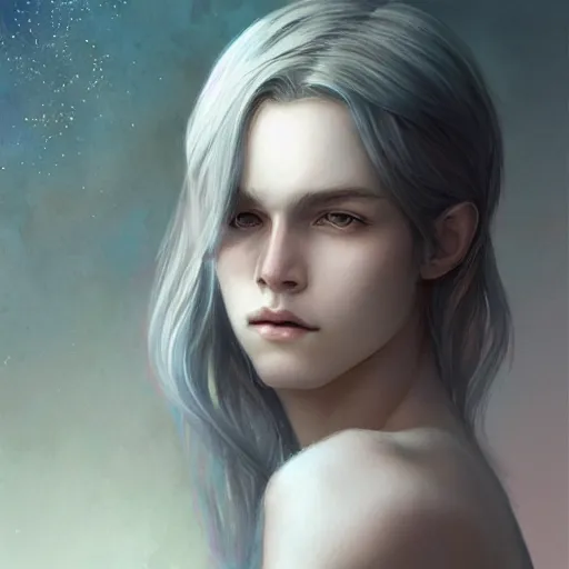 Prompt: teen boy, silver hair, shoulder - length hair, ethereal, elegant, intricate, delicate, feminine, light smile, sharp focus, highly detailed, artstation, watercolor, by charlie bowater and ross tran