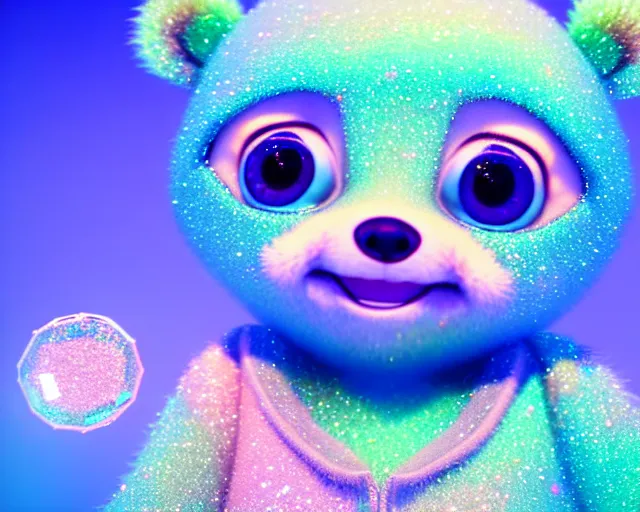 Image similar to a cute cute baby bear cub, big eyes, soft scale texture, pastel colours, colorful, shiny glitter crystals, cute, adorable, pixar animation style, detailed, soft light, octane render, cute, 4 k,