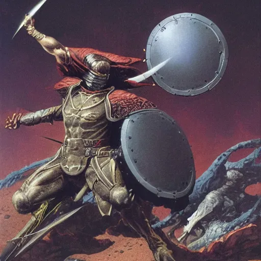 Image similar to warrior blocking cannonball with his shield, by wayne barlowe