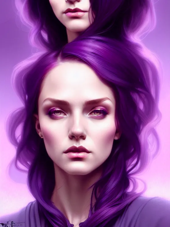 Image similar to Purple hair, creative colouring Portrait of woman, fashion, intricate, elegant, highly detailed, digital painting, artstation, concept art, smooth, sharp focus, illustration, art by artgerm and greg rutkowski and alphonse mucha