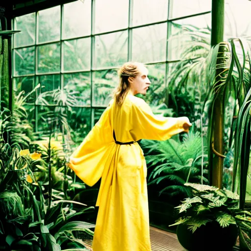 Image similar to Medium format photograph of an elegant woman that look like Brit Marling wearing a yellow kimono in a tropical greenhouse, bokeh