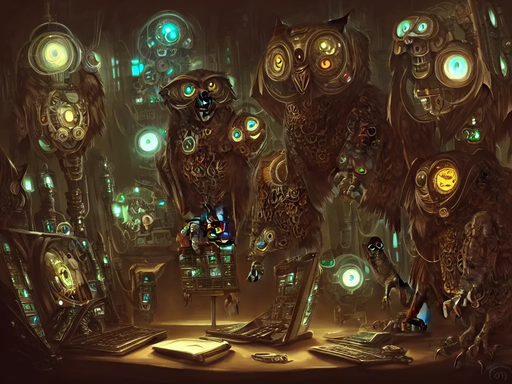 Image similar to an giant evil, malevolent, cyborg owls looking at a computer, surrounded by computer screens. steampunk, intricate, elegant, fantasy, highly detailed, digital painting, concept art, sharp focus, illustration, beautiful lighting, epic light, artstation, colorful, dramatic