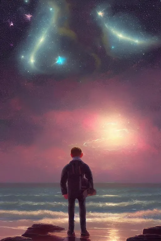 Prompt: sea and night sky with stars and galaxies, ornate detailed background, trending on artstation, by ilya kuvshinov, thomas kinkade