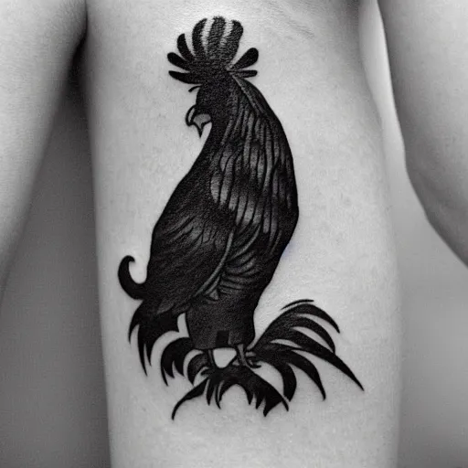 Image similar to A small tattoo of a black rooster. The black chicken is holding smoking a large cannabis blunt in its mouth